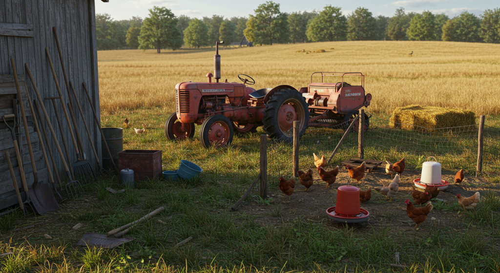 A Tractor, poultry and farm equipments on the field