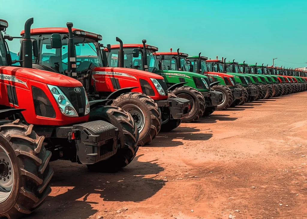 A wide shot of a tractor hiring center in Nigeria, showing a fleet of assorted red and green tractors lined up.