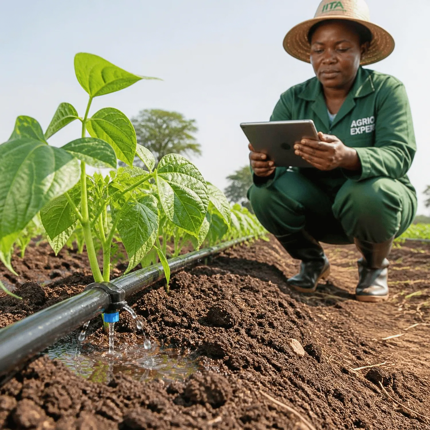 Farmer checking healthy beans crop in field