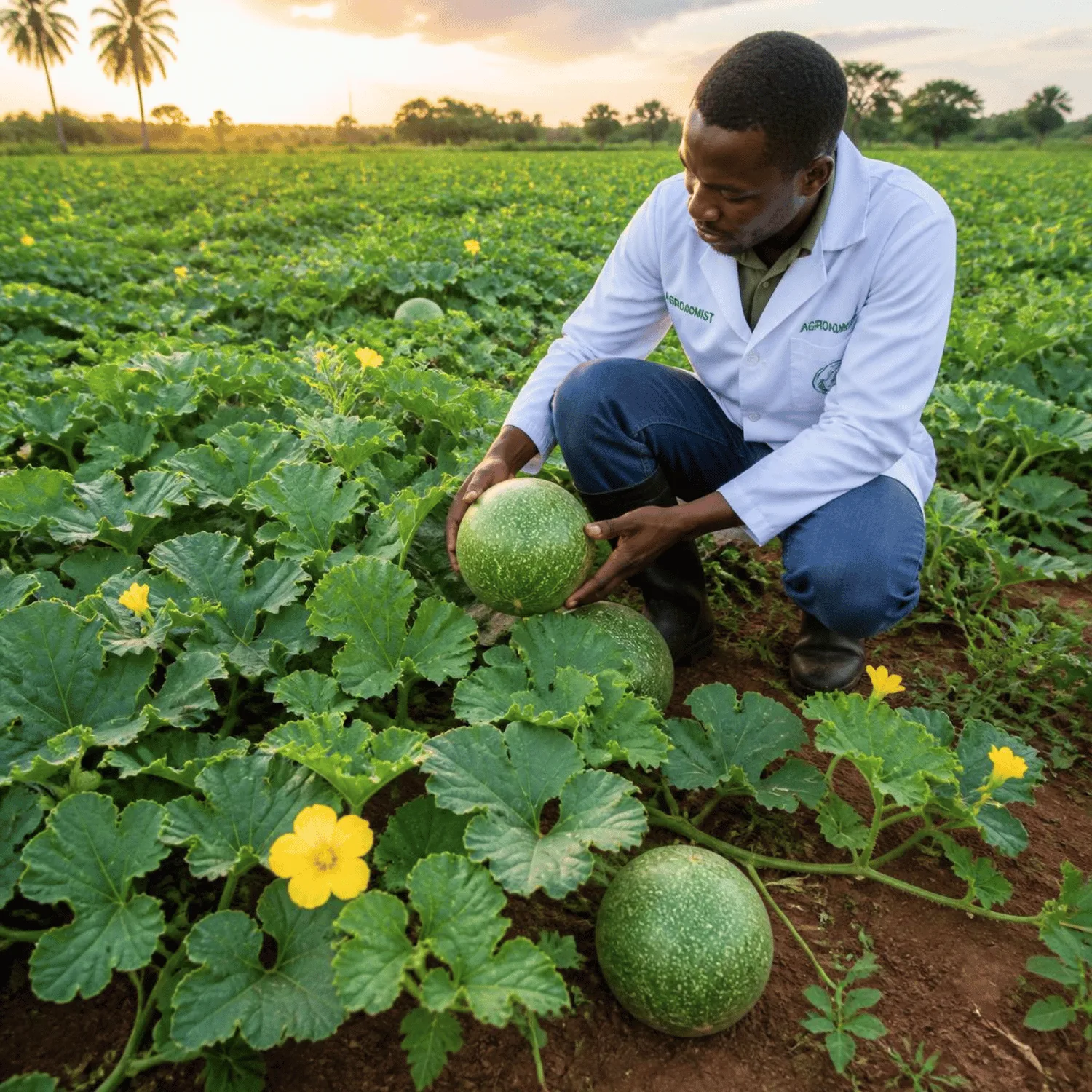 Farmers planting egusi melon seeds on prepared farmland in Nigeria